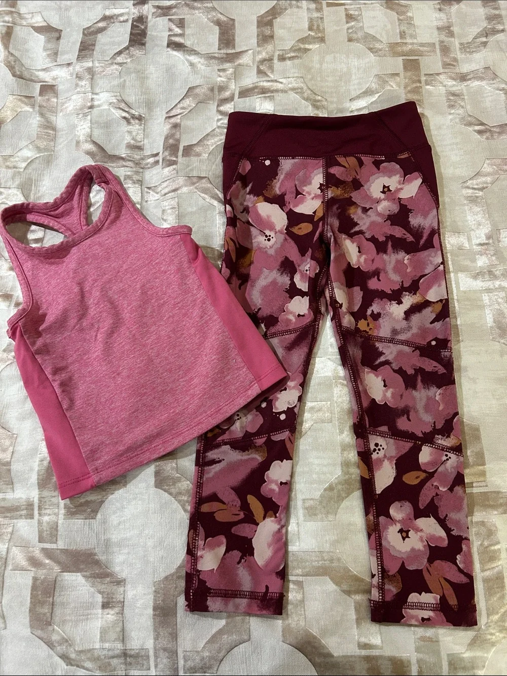 Girls Pink Floral Active Leggings & Tank Set